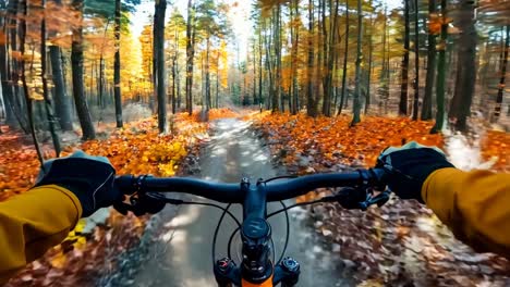 a person riding a bike down a dirt road in the woods