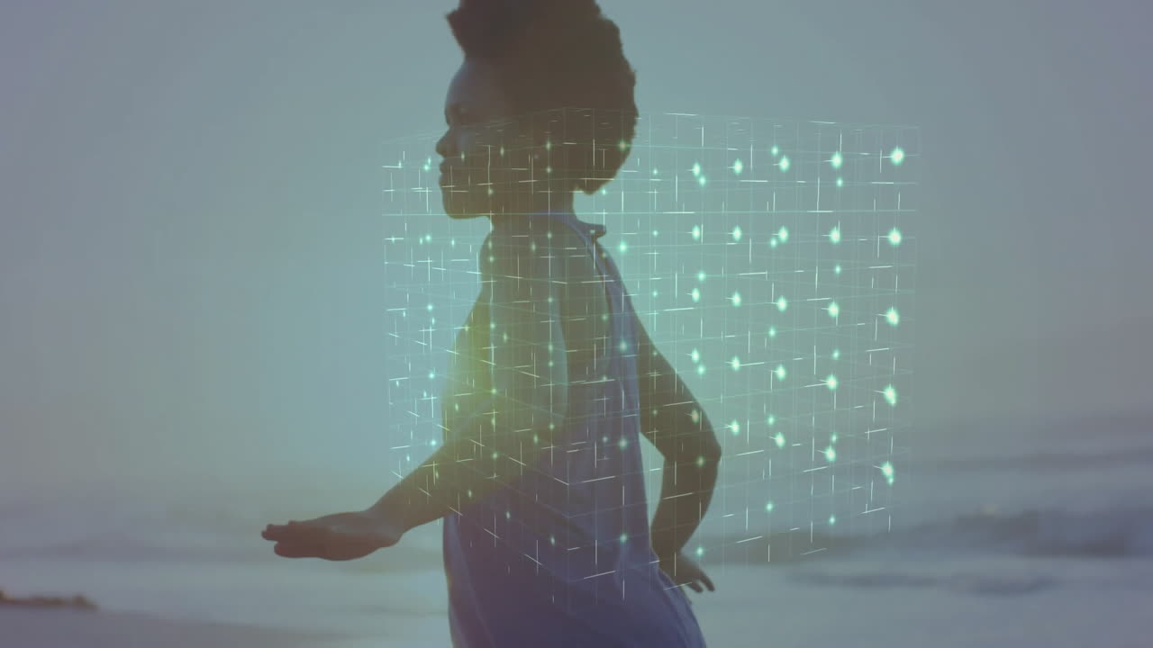 Woman holding arms outstretched on beach at dusk, displaying holographic grid for technology demo