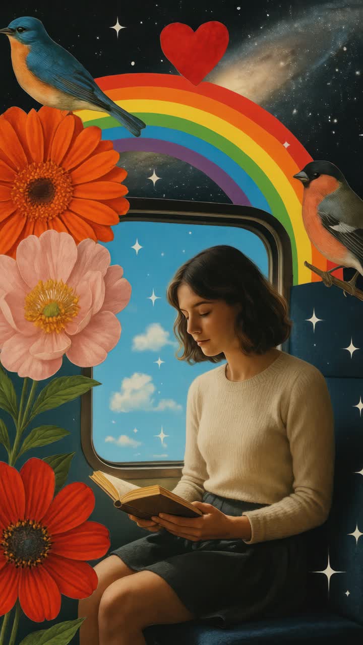 Surreal video concept: a woman reads by a train window, surrounded by vibrant flowers and birds