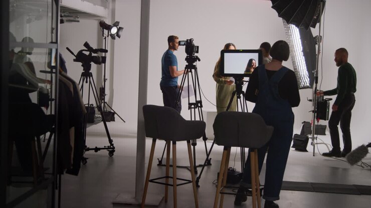 Actores ensayando con el director durante el rodaje de una película o video en estudio, con equipo de sonido y cámara.
