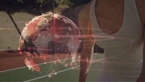 animation of network of connections with globe over caucasian woman playing tennis