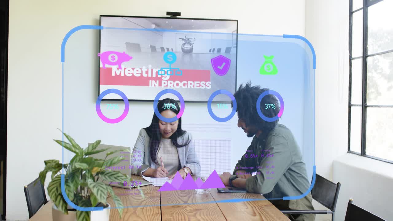 Woman pointing papers and man handing pen, both signing while AR gauges updating business progress