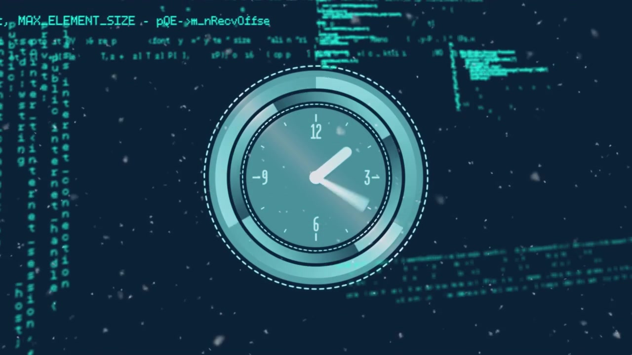Animation of clock and snow falling over data processing on black background