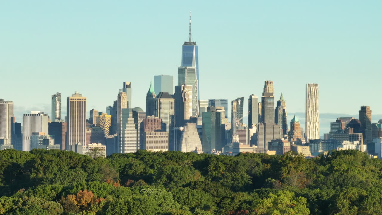 Aerial view of Brooklyn’s Prospect Park with Manhattan’s Financial District in the background. Shot on an October morning.