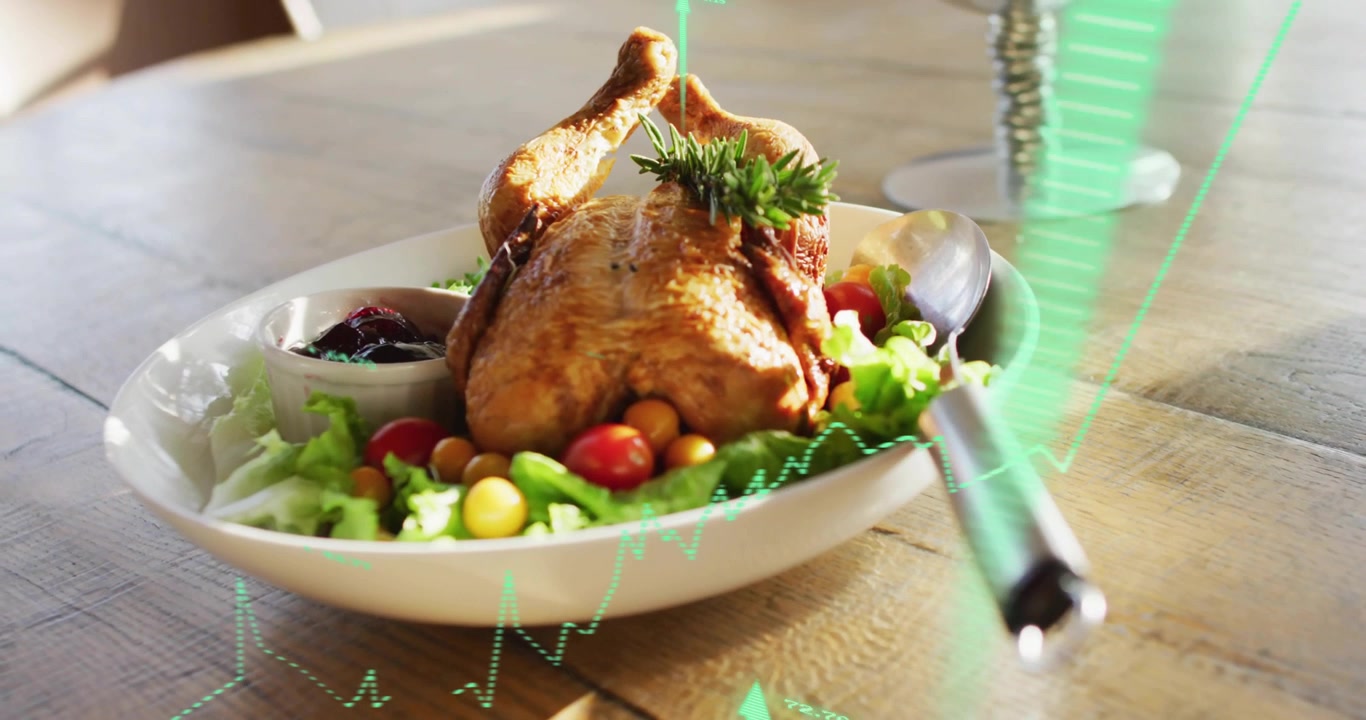 Grafico a linee verde che parte da sotto una ciotola di insalata di pollo arrosto, sale oltre il bordo e mostra l'andamento delle vendite