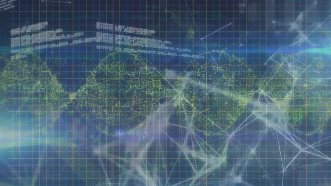 Animation of network of connections over data processing and dna strand