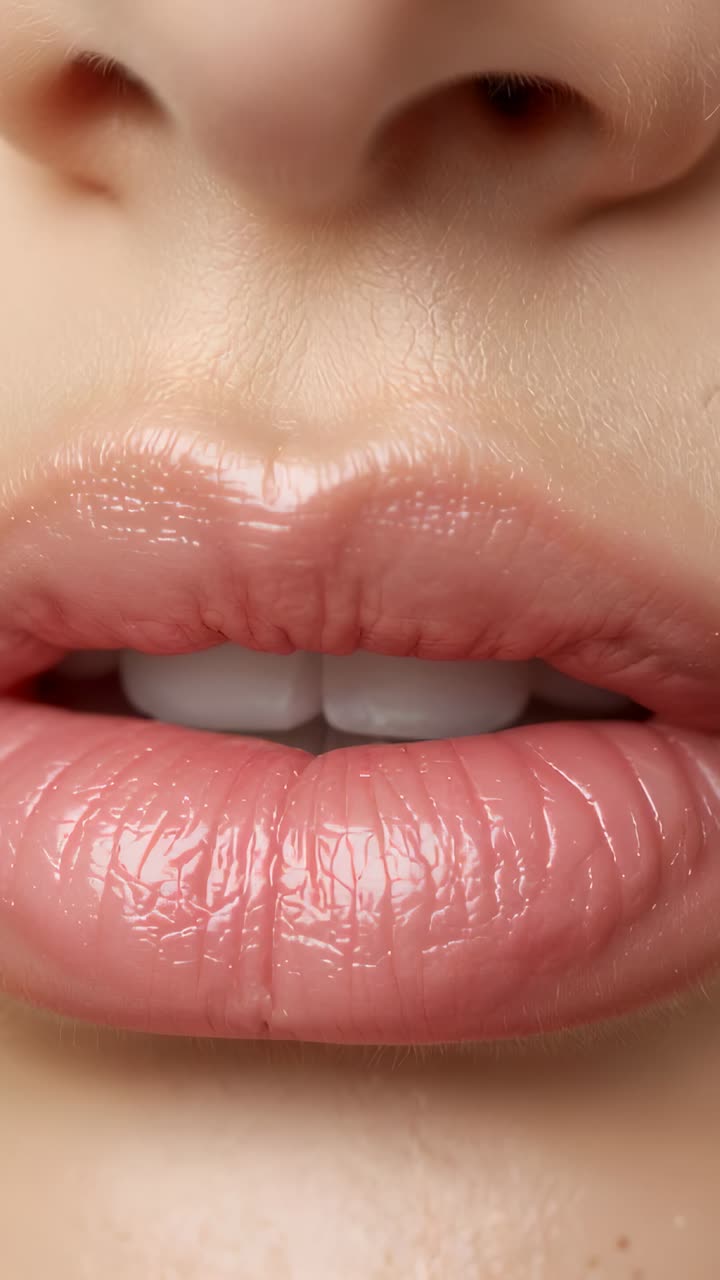 Vertical video: Smiling woman's lower face revealing glossy lips and white upper incisors in studio