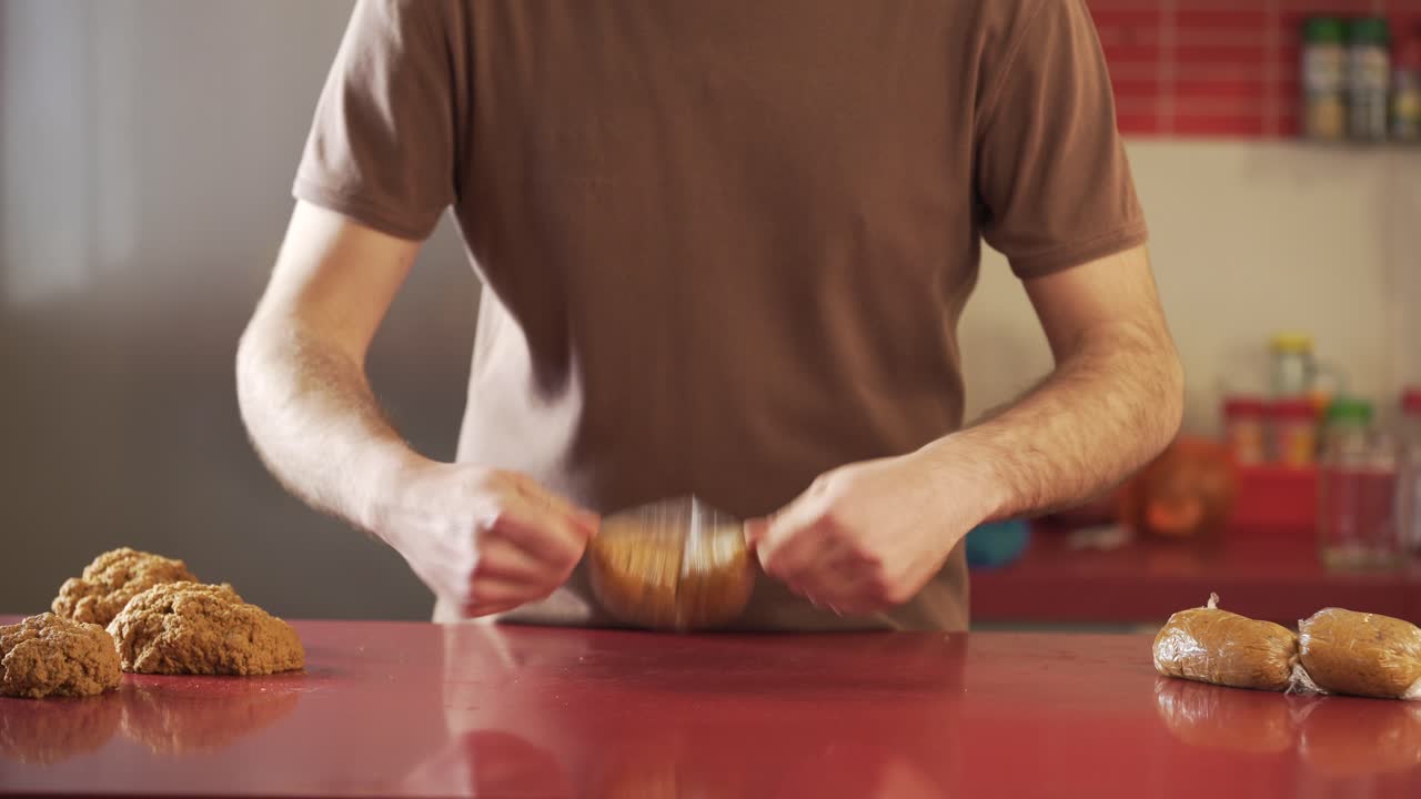 Man making vegan meat. Process, how to cook seitan