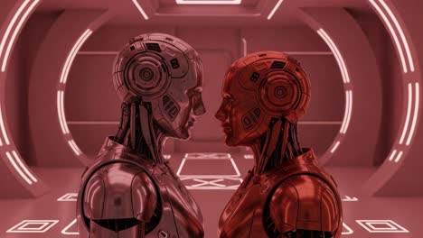 a pivotal moment of confrontation between two futuristic robots in a high-tech environment, capturing their intense stare and intricate designs amidst glowing lights