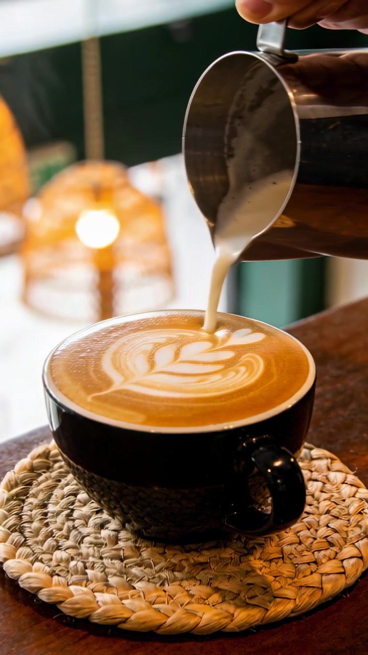 Video verticale: Barista con polsino verde che versa il latte da una lattiera sopra una tazza nera in un caffè, creando una foglia.