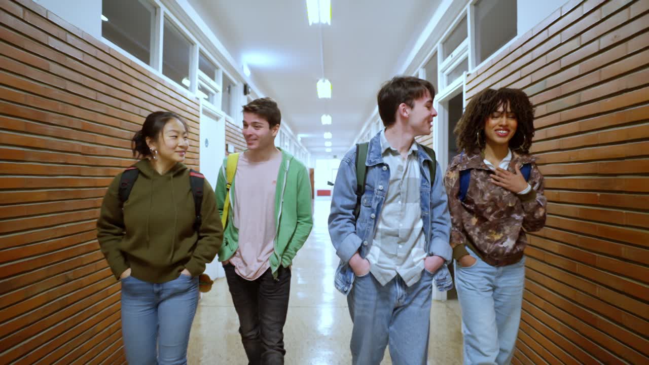 Group of friends walking in school hallway