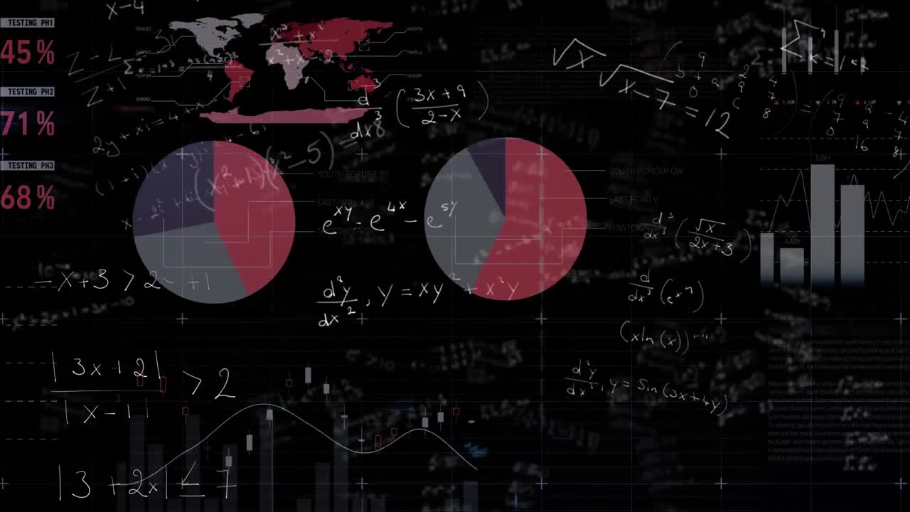 Financial data processing against mathematical equations on black background