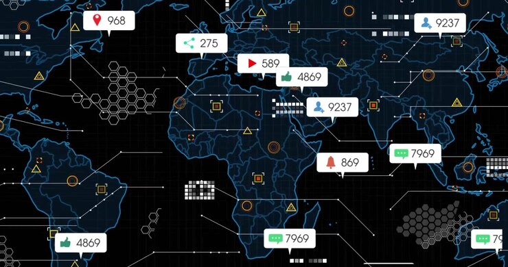 Digital wireframe map outlining Americas initiating world map view, metric pop-ups growing for data