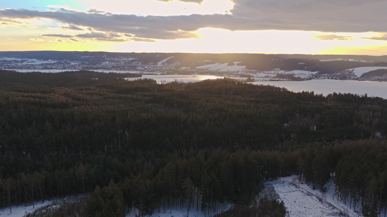 Drönarvy över en vinterskog i solnedgången. Kallt ljus tonar ut över snötäckta träd och skapar en lugn och stillsam atmosfär