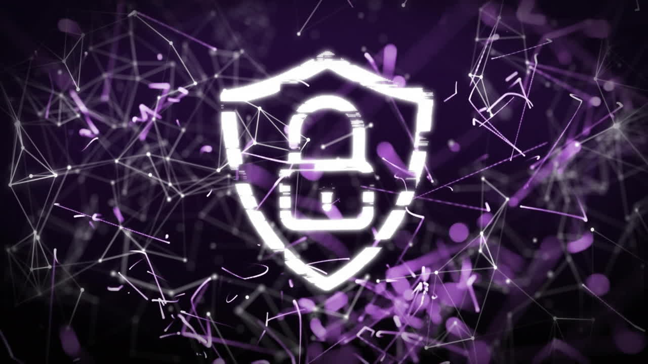 animación de escudo con icono de candado sobre red de conexiones en fondo negro
