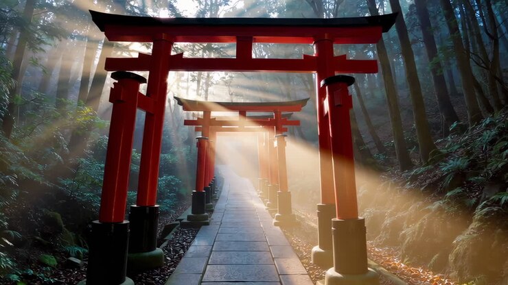 Raggi di sole attraverso i cancelli Torii in una foresta nebbiosa