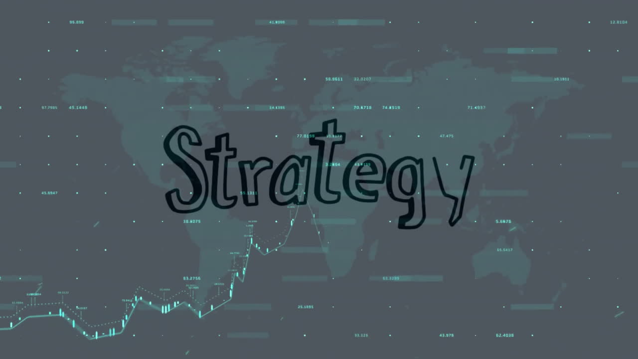Word Strategy over world map with financial data and graphs animation