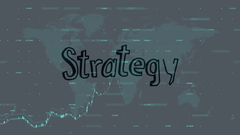word strategy over world map with financial data and graphs animation