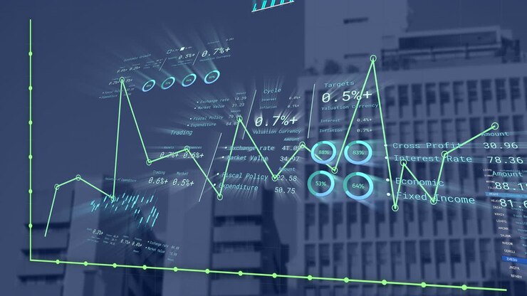 Animazione dell'elaborazione di dati finanziari su un paesaggio urbano