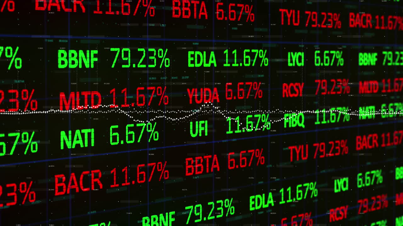 Animazione di elaborazione dati di borsa su rete a griglia su sfondo nero