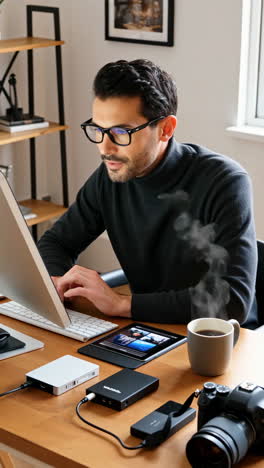 man working on computer with photography gear