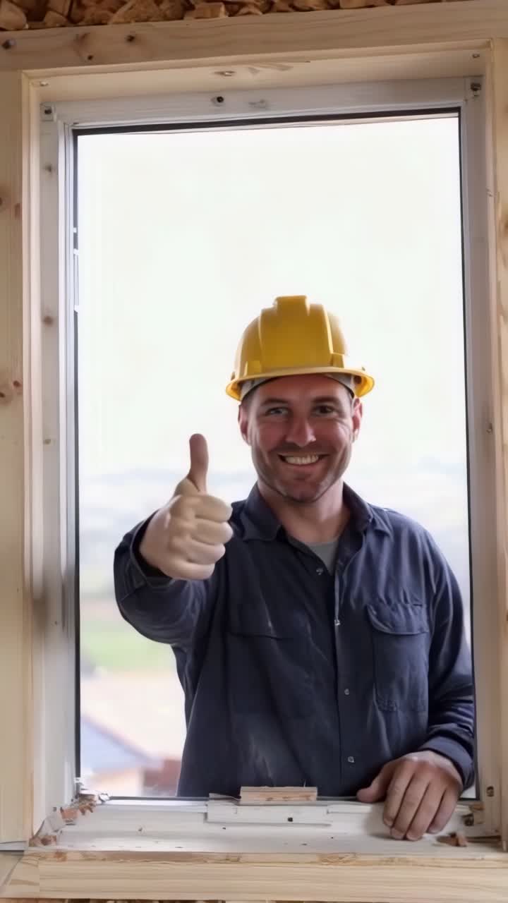 Trabalhador da construção com o polegar para cima perto de uma janela instalada