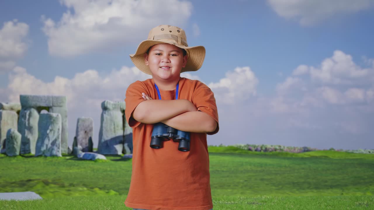 Asian Boy With A Hat And Binoculars Crossing Arms And Smiling To Camera While Traveling In Stonehenge. Boy Researcher Examines Something, Travel Tourism Adventure Concept