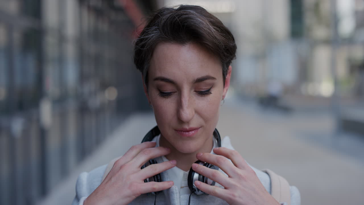 портрет привлекательной молодой бизнес-женщины интерн надевает наушники слушает музыку в городе наслаждается расслабленным городским образом жизни в замедленном движении