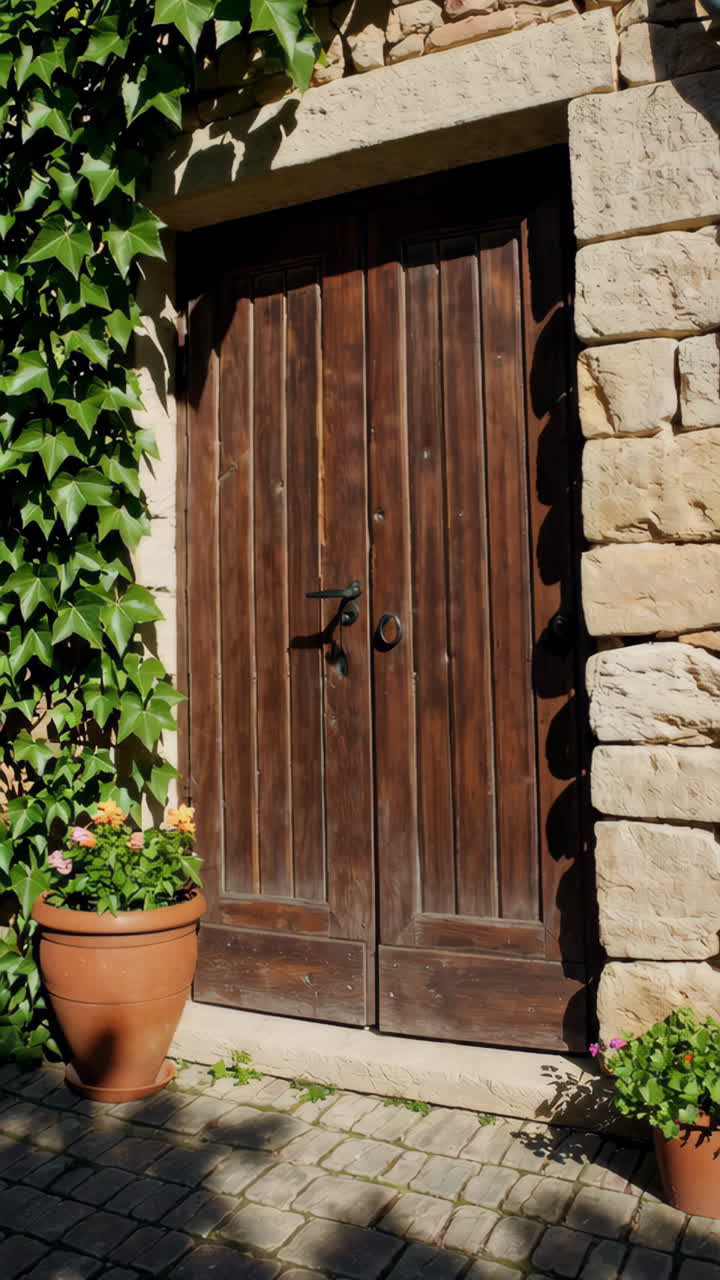 A rustic wooden door framed by ivy and a stone wall with potted plants