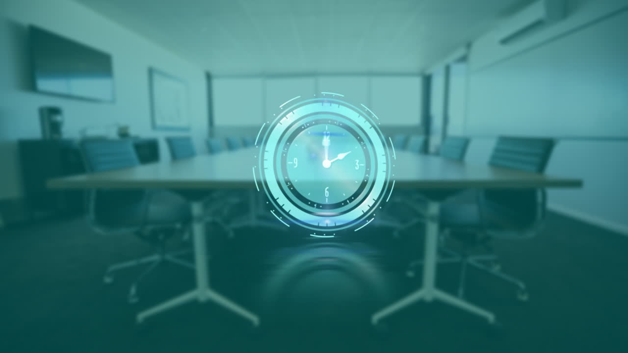 Digital clock animation over empty conference room with modern furniture