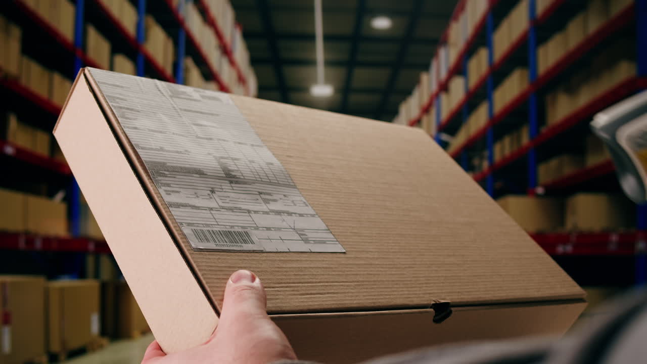 Scanner scan delivery box in storage, E-commerce shop, man packing goods and clothes second hand delivery market, courier Packaging and Shipping Workspace with Supplies and Technology, online sales.