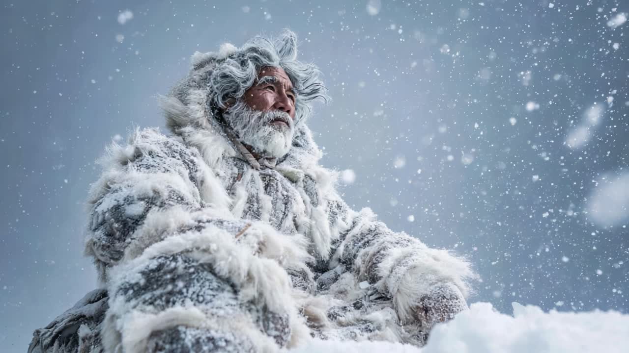 Amidst the Whirling Snowflakes, an Elderly Figure Wrapped in a Fur-Lined Garment Sits Contemplatively, Embracing the Chill of a Harsh Winter Landscape