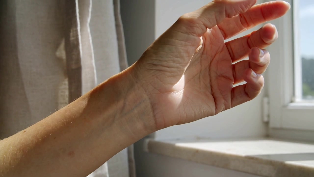 Avambraccio e mano sinistra nudi che ruotano, partendo da una posizione estesa vicino al davanzale della finestra, con la luce del sole che ne evidenzia le vene.