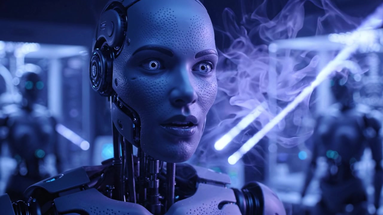 Essere robotico futuristico con occhi illuminati e fumo in un ambiente ad alta tecnologia, catturando concetti avanzati di intelligenza artificiale del domani.