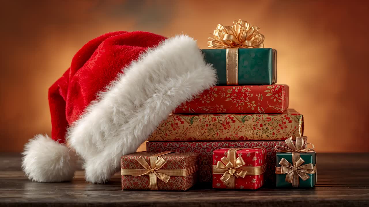 Displaying stacked gifts sitting centered on wood table, red Santa hat draping left, warm backdrop