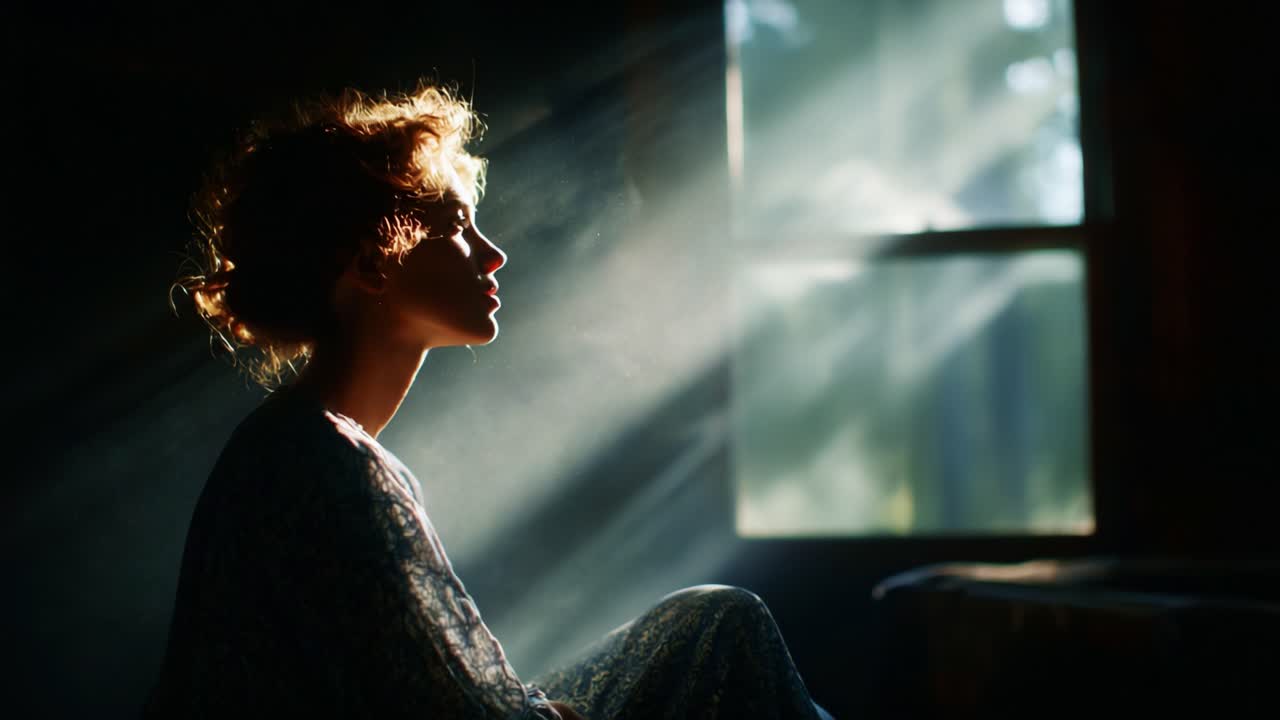 A Serene Moment in Sunlight: A Profile of a Woman Bathed in Ethereal Light, Capturing a Sense of Peace and Tranquility in a Quiet Interior Scene