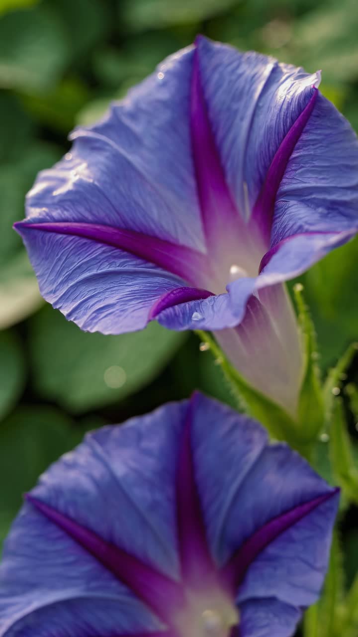 Close-up video shot of vibrant purple morning glories with a focus on texture and color