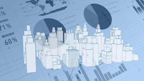 virtual buildings in a city with background of different statistics and graphs