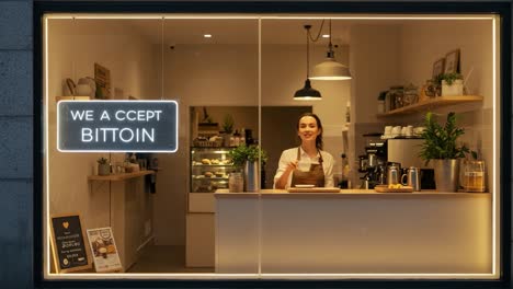 A Warm and Inviting Coffee Shop Offering a Unique Payment Option, Featuring a Friendly Barista and a Cozy Ambiance Perfect for Relaxation and Enjoyment