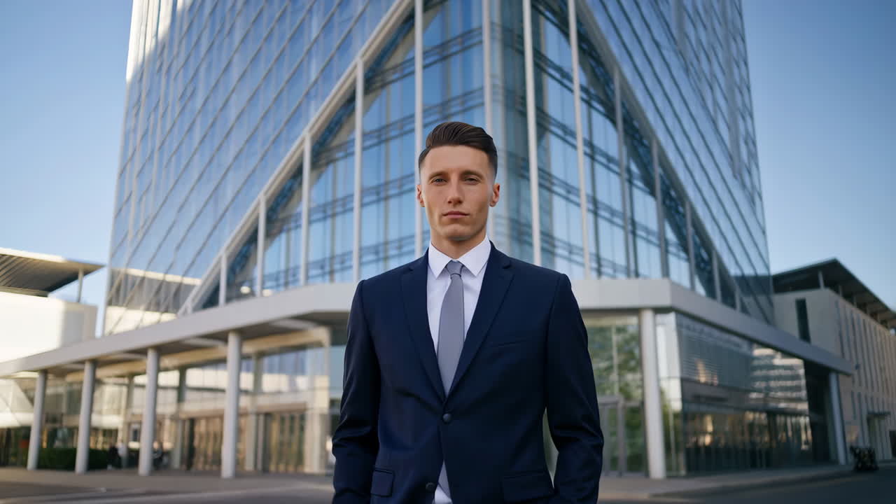 Professionel forretningsmand står udenfor en moderne kontorbygning