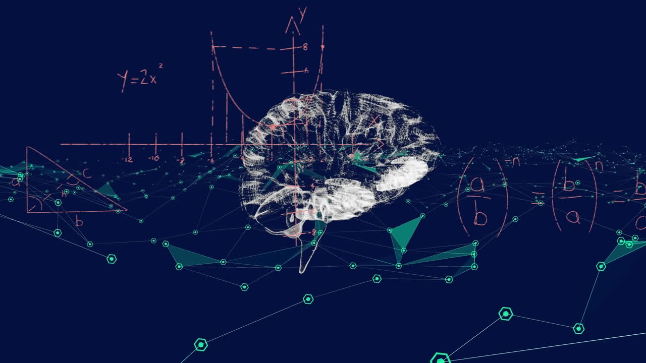 Animation of human brain and data processing over blue background