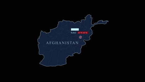 blue stylized afghanistan map with kabul capital city and geographic coordinates on black background