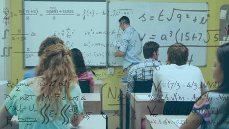 animation of mathematical equations against caucasian male professor teaching students at college