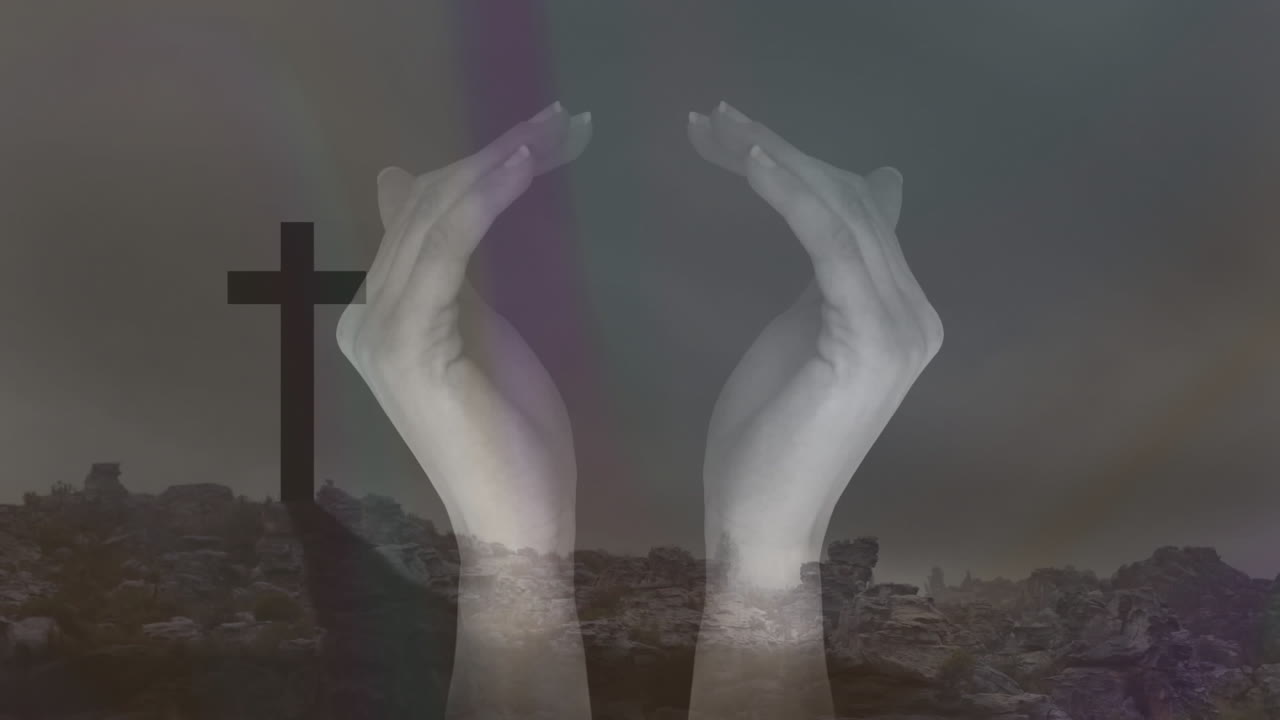 십자가 위에 손으로 심장 모양을 형성하고 애니메이션 풍경 배경