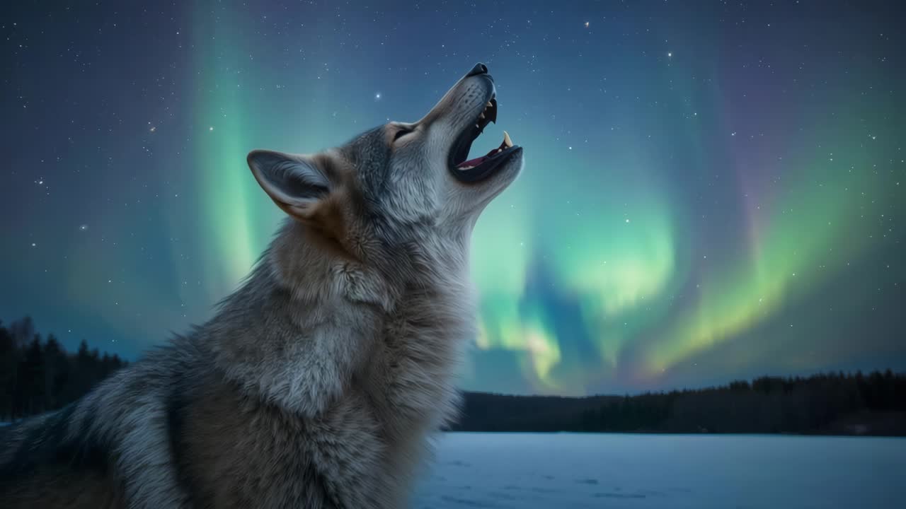 Wolf Howling Under the Aurora Borealis
