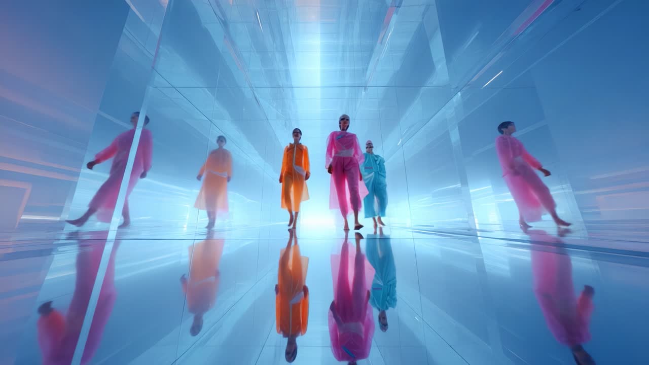 A mesmerizing display of fashion, light, and reflection captivates the viewer with vibrant colors and dynamic movement, encapsulating the essence of modern artistry in a surreal environment
