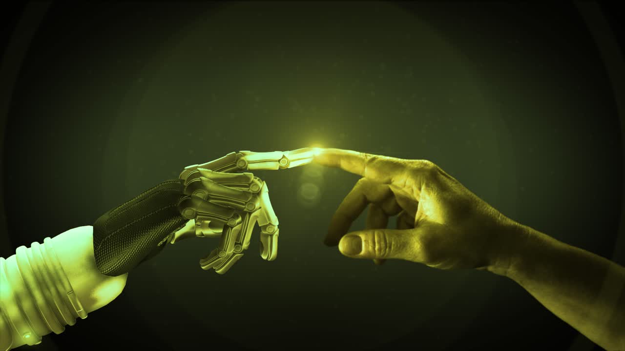 cgi 3d de alta calidad de un brazo robot extendiendo y tocando las puntas de los dedos índice con una mano humana y activando un punto brillante de luz parpadeante con efecto halo brillante, en esquema de color amarillo