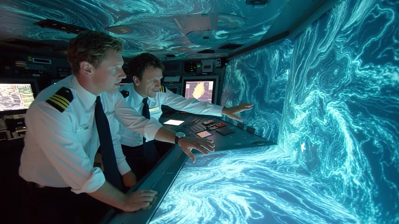 Two crew members analyze navigational data in advanced control room