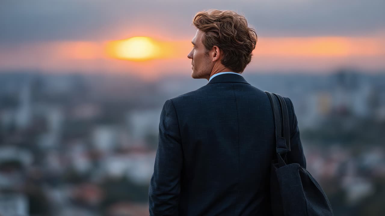 A thoughtful businessman gazes at a breathtaking sunset while overlooking a city skyline, contemplating the future and opportunities that lie ahead