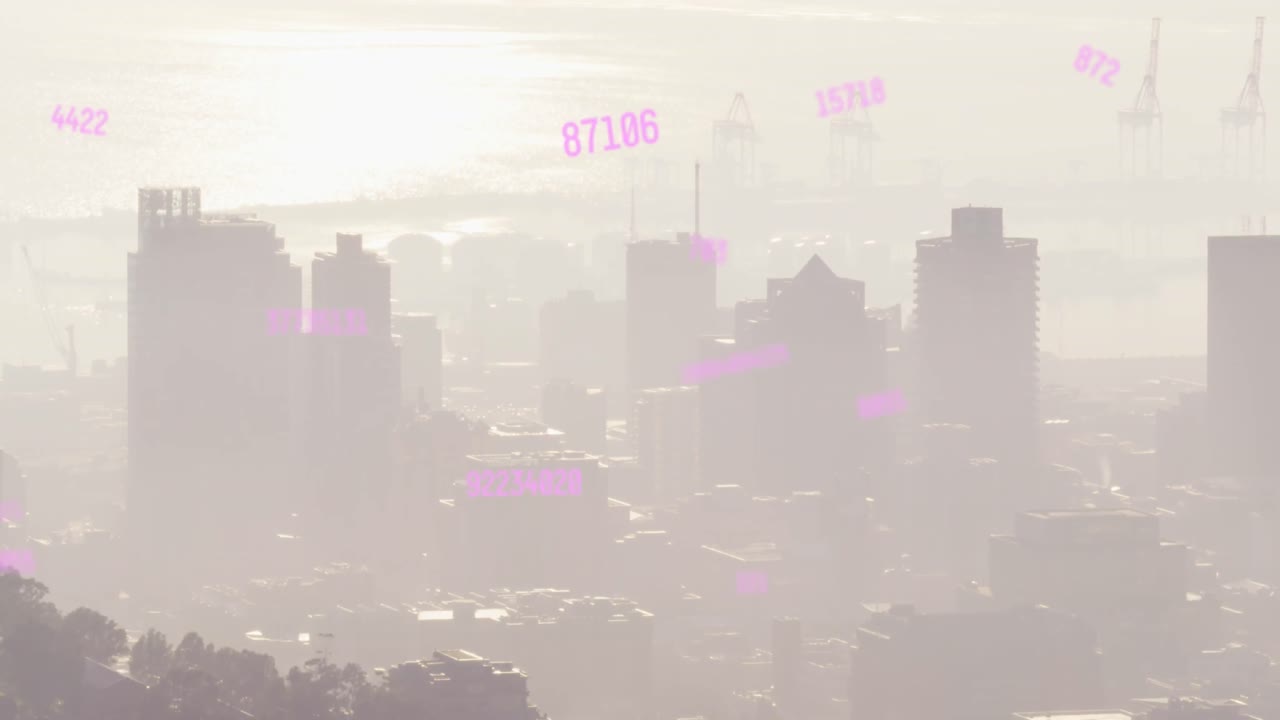 도시 풍경 위의 숫자 애니메이션과 데이터 처리